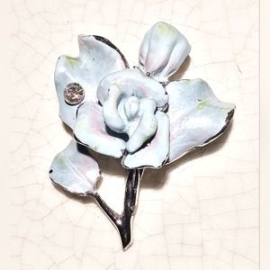 1950s Baby blue  flower rose blooming with rhinestones silver brooch